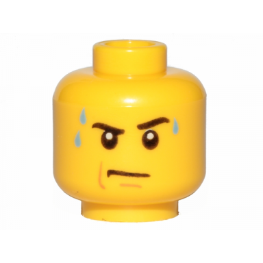 yellow minifigure head black eyebrows left raised bright light blue sweat drops nougat jowl line and chin dimple stern pattern