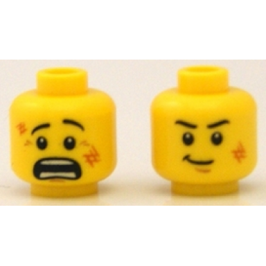 yellow minifigure head dual sided black eyebrows dark orange scuff marks medium nougat chin dimple scared open mouth with teeth parted smirk pattern