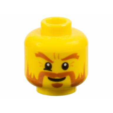 yellow minifigure head dark orange bushy eyebrows moustache mutton chops sideburns and soul patch furrowed brow mischievous grin pattern
