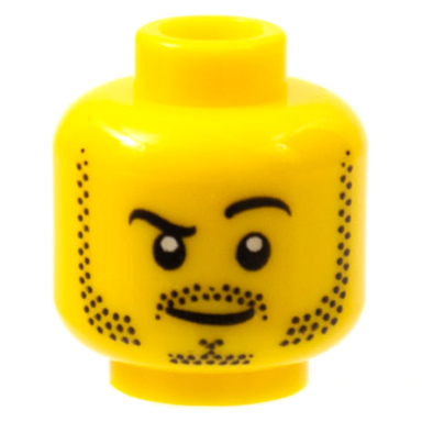yellow minifigure head black eyebrows left raised moustache mutton chops and goatee stubble lopsided grin pattern