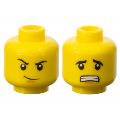 yellow minifigure head dual sided black eyebrows medium nougat chin dimple thin smirk scared open mouth with teeth pattern