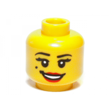 yellow minifigure head female black eyebrows eyelashes and beauty mark red lips open mouth smile with teeth pattern