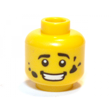 yellow minifigure head black eyebrows white pupils dirt stains open mouth smile with teeth pattern