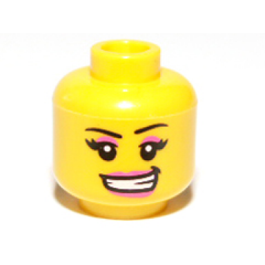 yellow minifigure head female with black eyebrows eyelashes dark pink eye shadow and lips lopsided open mouth smile with teeth pattern