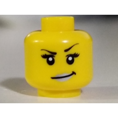 yellow minifigure head female black arched eyebrows eyelashes smirk with silver lips pattern