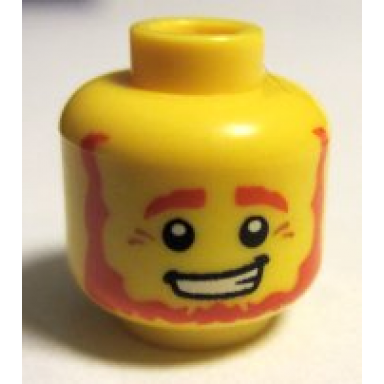 yellow minifigure head beard brown bushy eyebrows white pupils and pensive smile with teeth pattern