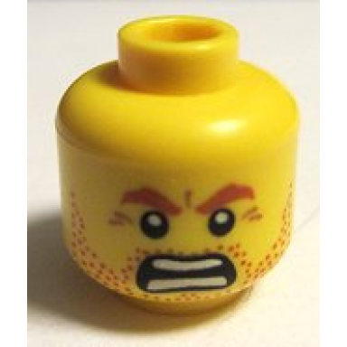 yellow minifigure head beard stubble brown angry eyebrows and open angry mouth pattern
