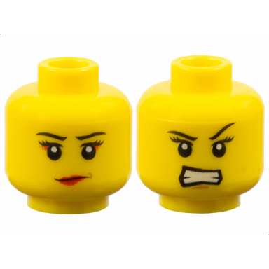 yellow minifigure head dual sided female black thin eyebrows eyelashes red lips and slight smirk chin dimple and angry bared teeth pattern