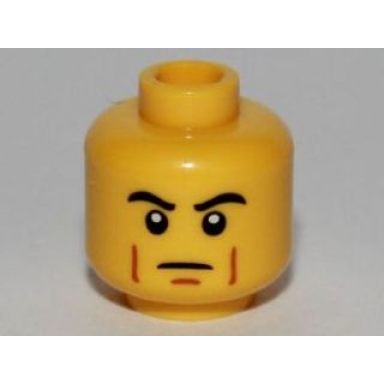 yellow minifigure head male black thick eyebrows brown cheek lines determined pattern