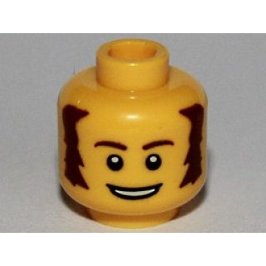 yellow minifigure head male brown bushy sideburns thin eyebrows white pupils and open mouth smile pattern