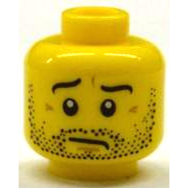 yellow minifigure head black eyebrows and beard stubble medium nougat chin dimple and wrinkles worried pattern