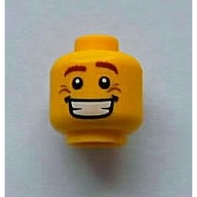 yellow minifigure head male brown eyebrows white pupils smile wrinkles and wide open smile pattern