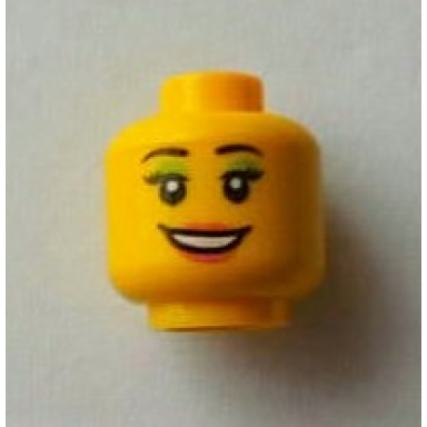 yellow minifigure head female with peach lips open mouth smile black eyebrows light green eye shadow pattern