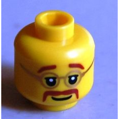 yellow minifigure head glasses with brown moustache and eyebrows pattern