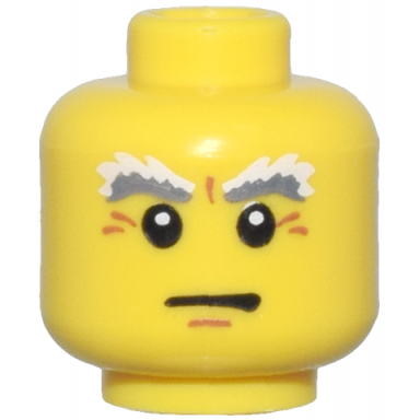 yellow minifigure head dark bluish gray and white bushy eyebrows dark orange chin dimple and wrinkles neutral pattern