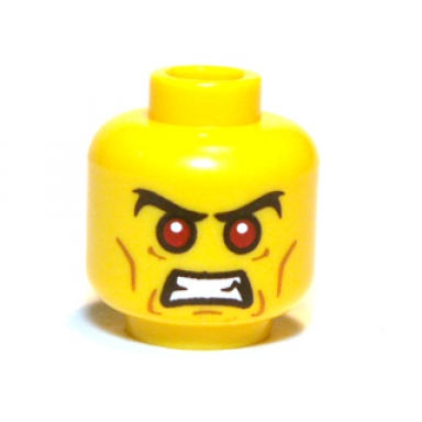 yellow minifigure head red eyes with black bushy eyebrows and open angry mouth pattern