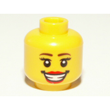 yellow minifigure head female reddish brown eyebrows red lips open mouth smile with teeth pattern