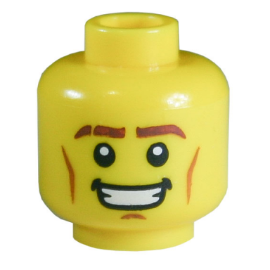 yellow minifigure head reddish brown eyebrows with scar medium nougat cheek lines and chin dimple open mouth smile with teeth pattern