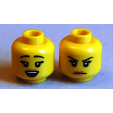 yellow minifigure head dual sided female black eyebrows eyelashes open mouth frown pattern