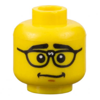 yellow minifigure head male thick black eyebrows repaired glasses nervous smile pattern