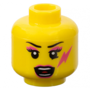 yellow minifigure head female black thin eyebrows eyelashes dark pink eye shadow lips and lightning bolt open mouth with teeth parted and red tongue pattern