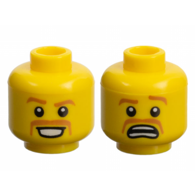 yellow minifigure head dual sided medium nougat curved eyebrows and moustache happy scared pattern