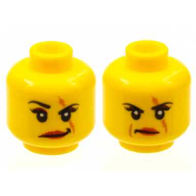 yellow minifigure head dual sided female scar over left eye raised eyebrow scowl pattern ann lee