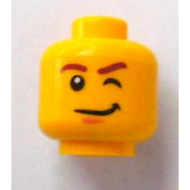 yellow minifigure head reddish brown eyebrows left eye wink lopsided grin with dimple pattern