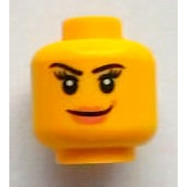 yellow minifigure head female with pink lips and black eyebrows and eyelashes pattern