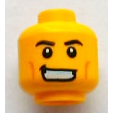 yellow minifigure head black eyebrows white pupils cheek lines crooked grin with teeth pattern