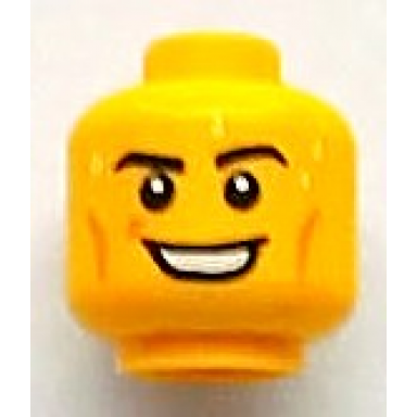 yellow minifigure head black eyebrows white pupils cheek lines sweat beads open smile with teeth pattern