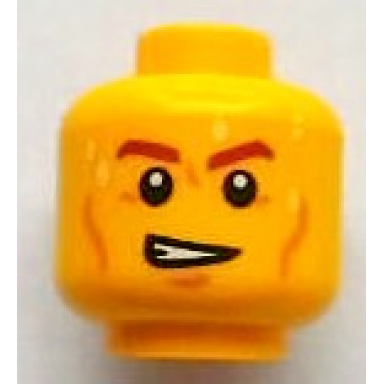 yellow minifigure head brown eyebrows cheek lines open mouth on one side and beads of sweat pattern