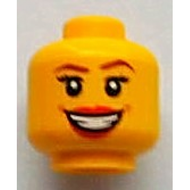 yellow minifigure head female with large red lips open mouth smile with teeth brown eyebrows thin eyelashes and white pupils pattern