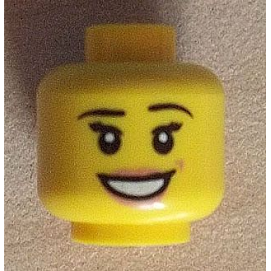 yellow minifigure head female black eyebrows dimple peach lips open smile pattern