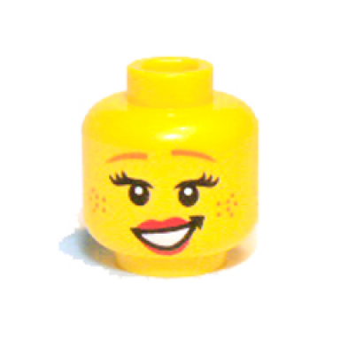 yellow minifigure head female brown eyebrows freckles eyelashes red lips smile with teeth pattern