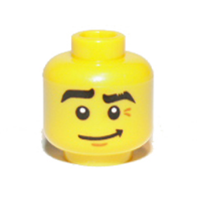 yellow minifigure head black eyebrows raised right eyebrow crooked smile pattern