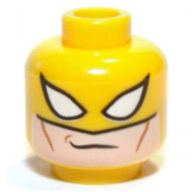 yellow minifigure head balaclava with large white eye holes over light nougat face medium nougat cheek lines and dimple smirk pattern