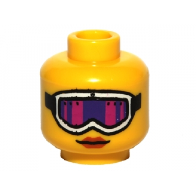 yellow minifigure head female glasses with white ski goggles with pink and purple glass strap and red lips pattern