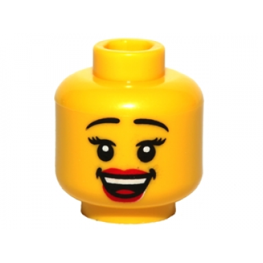 yellow minifigure head female black eyebrows red lips open smile pattern