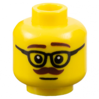 yellow minifigure head male dark brown eyebrows and moustache left raised eyebrow black glasses neutral pattern