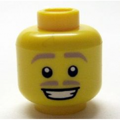 yellow minifigure head male tan thin eyebrows and moustache grin with teeth pattern