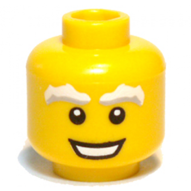 yellow minifigure head light bluish gray and white bushy eyebrows open mouth smile with teeth pattern