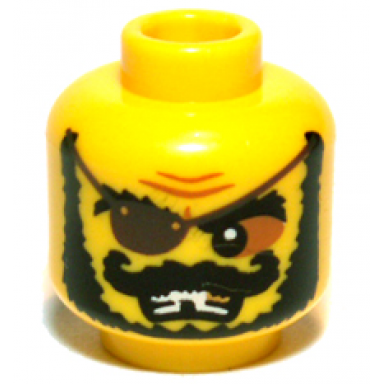 yellow minifigure head black bushy eyebrows curled moustache and beard dark brown eye patch nougat eye shadow furrowed brow open mouth scowl with teeth gold tooth and missing tooth pattern