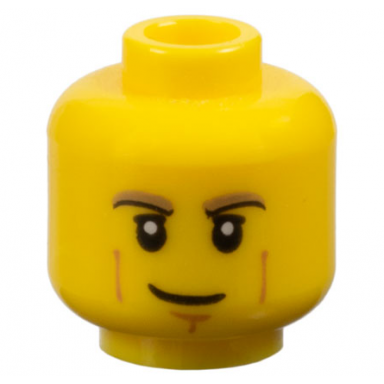 yellow minifigure head dark tan and black eyebrows upper eyelids medium nougat cheek lines and chin dimple lopsided grin pattern