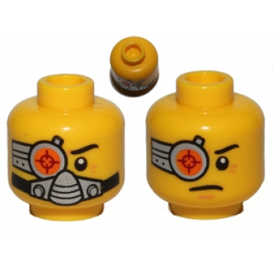 yellow minifigure head dual sided cyborg eyepiece eyebrow left side breathing apparatus worried pattern