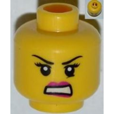 yellow minifigure head female with dark pink lips black eyelashes and angry eyebrows crease under eye white teeth pattern