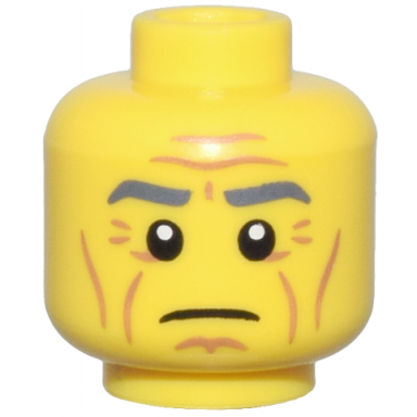 yellow minifigure head dark bluish gray eyebrows medium nougat cheek lines chin dimple and wrinkles furrowed brow neutral pattern