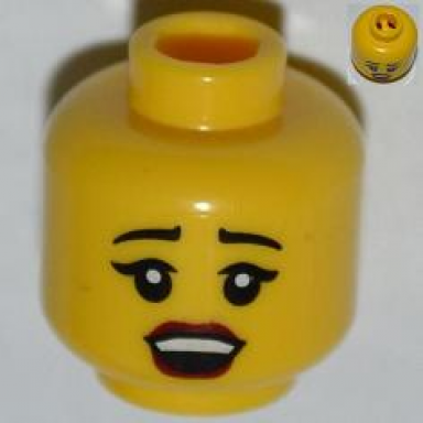 yellow minifigure head female black eyebrows eyelashes red lips open mouth pattern