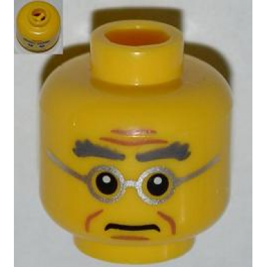 yellow minifigure head male bushy gray eyebrows wrinkles silver frame glasses pattern