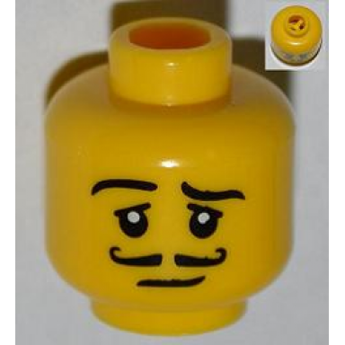 yellow minifigure head moustache curly eyelashes pupils raised eyebrow pattern